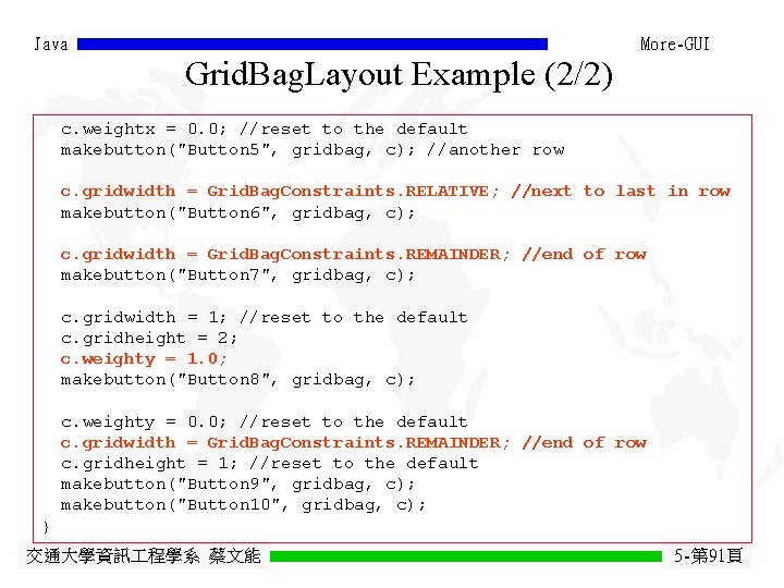 Java More-GUI Grid. Bag. Layout Example (2/2) c. weightx = 0. 0; //reset to Java More-GUI Grid. Bag. Layout Example (2/2) c. weightx = 0. 0; //reset to