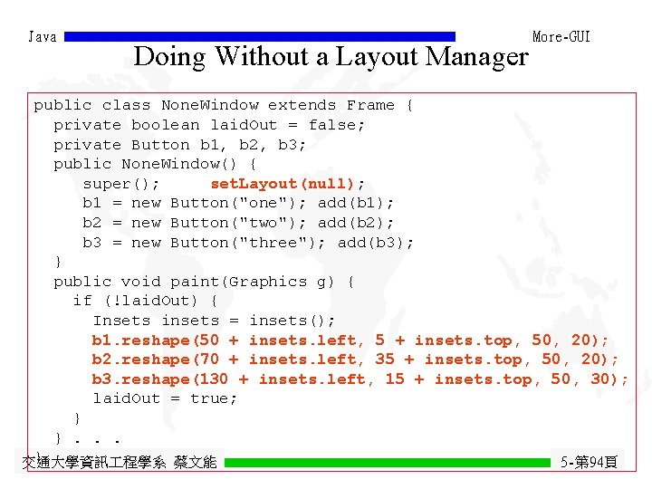 Java Doing Without a Layout Manager More-GUI public class None. Window extends Frame { Java Doing Without a Layout Manager More-GUI public class None. Window extends Frame {