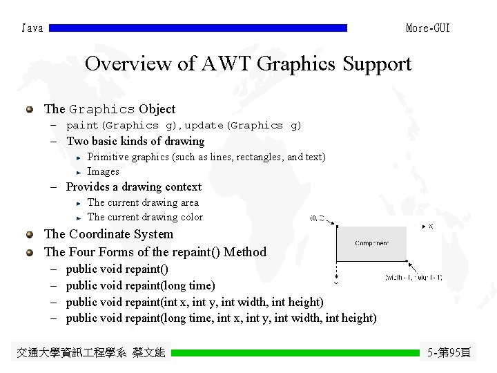 Java More-GUI Overview of AWT Graphics Support The Graphics Object - paint(Graphics g), update(Graphics Java More-GUI Overview of AWT Graphics Support The Graphics Object - paint(Graphics g), update(Graphics