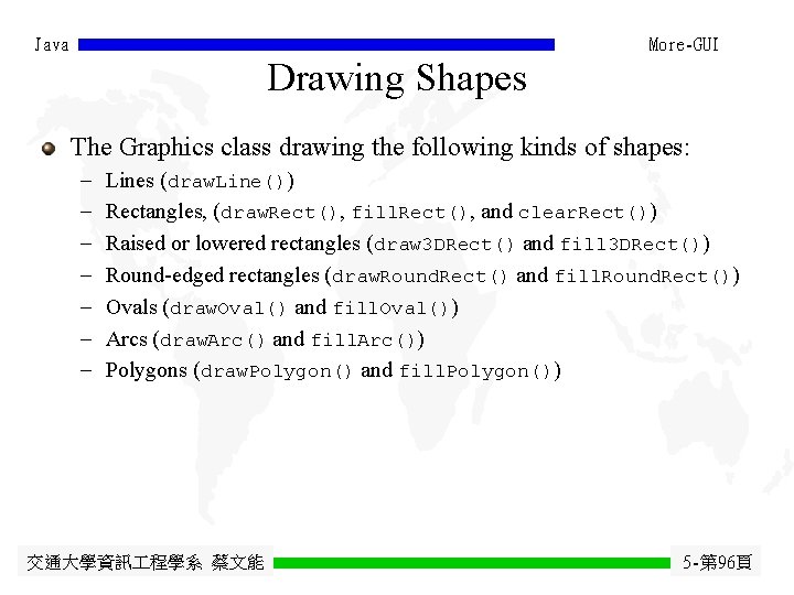 Java More-GUI Drawing Shapes The Graphics class drawing the following kinds of shapes: - Java More-GUI Drawing Shapes The Graphics class drawing the following kinds of shapes: -