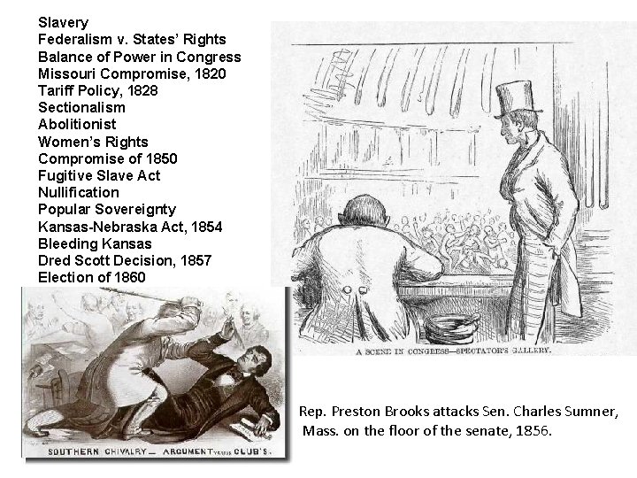 Slavery Federalism v. States’ Rights Balance of Power in Congress Missouri Compromise, 1820 Tariff