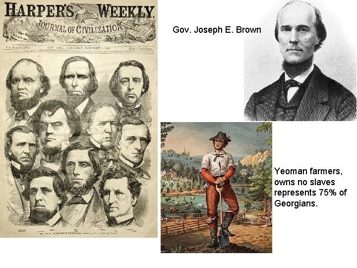 Gov. Joseph E. Brown Yeoman farmers, owns no slaves represents 75% of Georgians. 