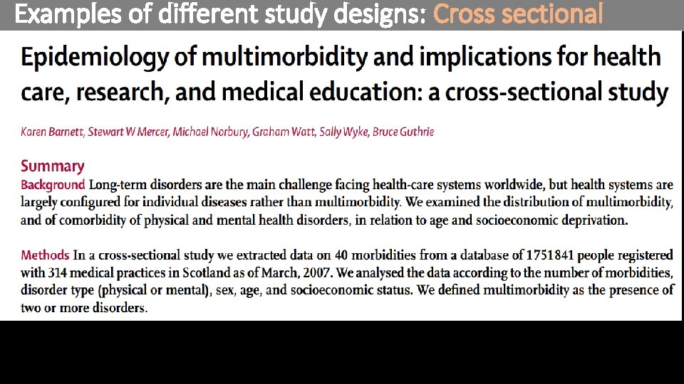 Examples of different study designs: Cross sectional 