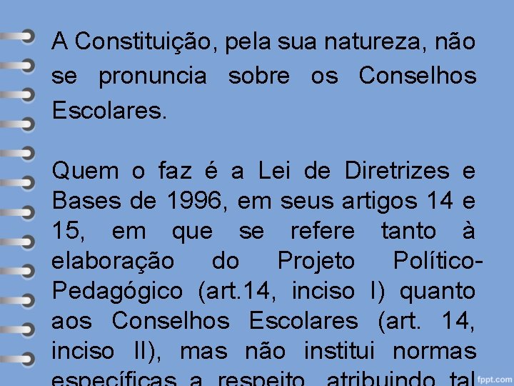 A Constituição, pela sua natureza, não se pronuncia sobre os Conselhos Escolares. Quem o