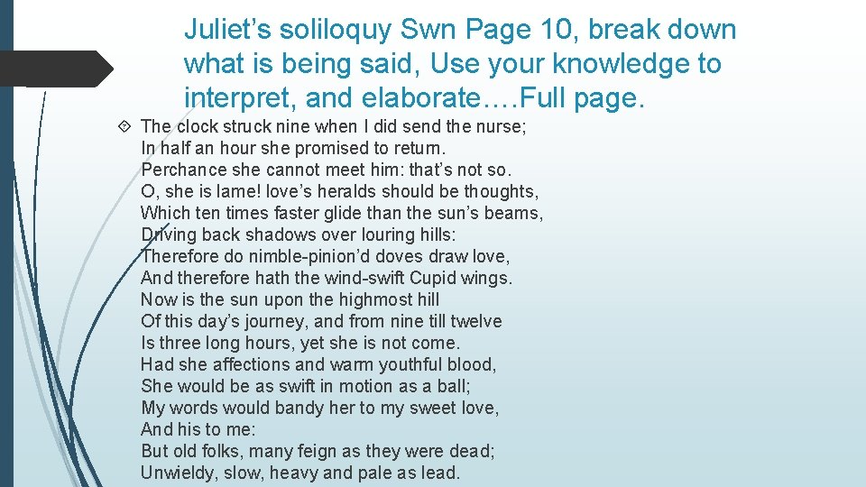 Juliet’s soliloquy Swn Page 10, break down what is being said, Use your knowledge