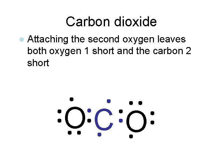 Carbon dioxide l Attaching the second oxygen leaves both oxygen 1 short and the