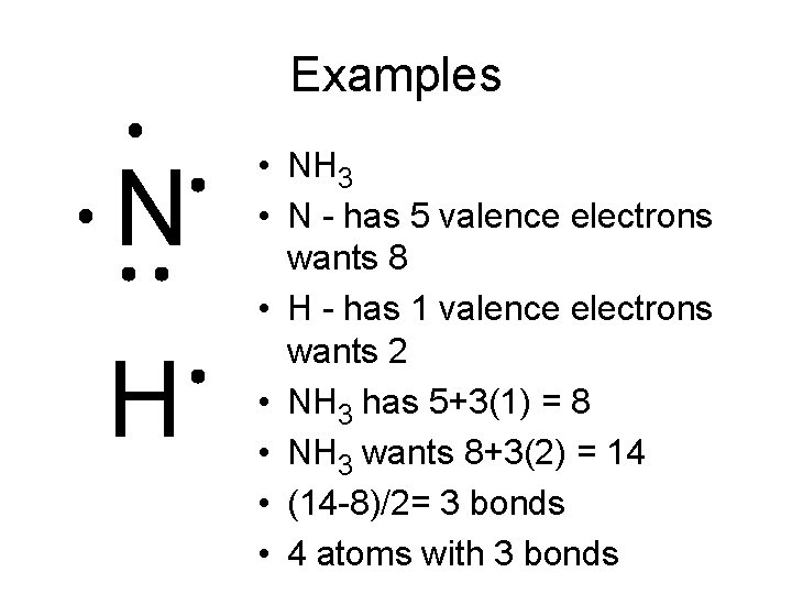 Examples N H • NH 3 • N - has 5 valence electrons wants