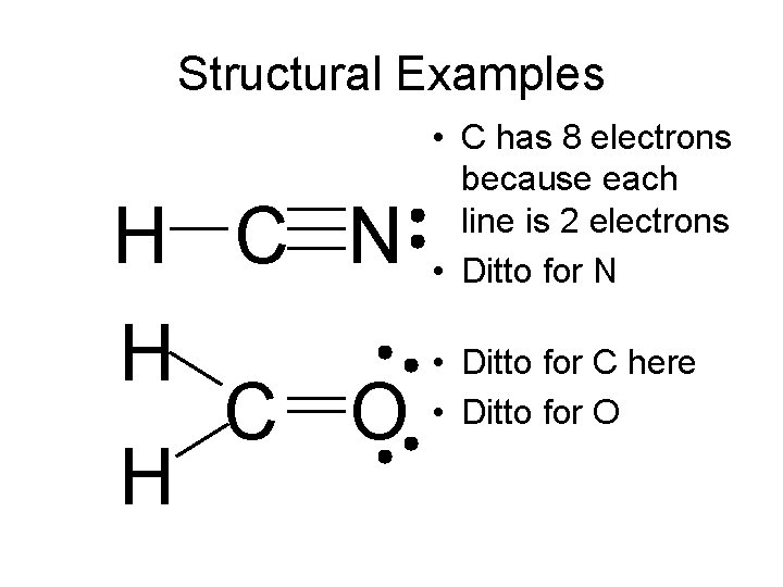 Structural Examples • C has 8 electrons because each line is 2 electrons •
