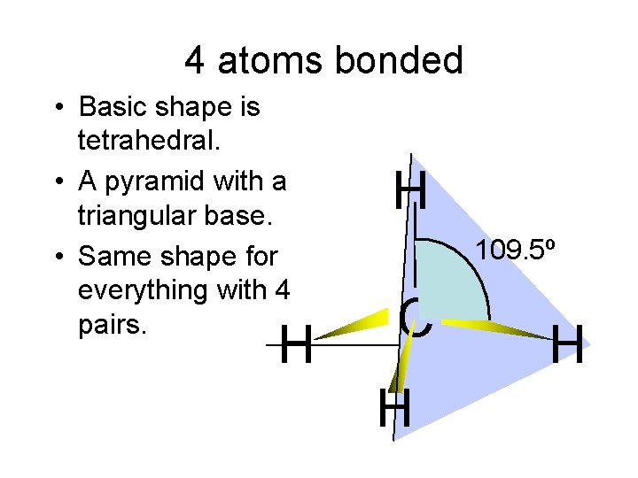 4 atoms bonded • Basic shape is tetrahedral. • A pyramid with a triangular