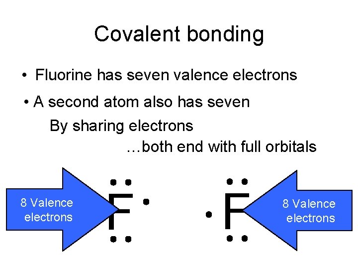 Covalent bonding • Fluorine has seven valence electrons • A second atom also has