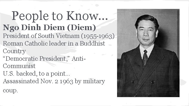 People to Know. . . Ngo Dinh Diem (Diem) President of South Vietnam (1955