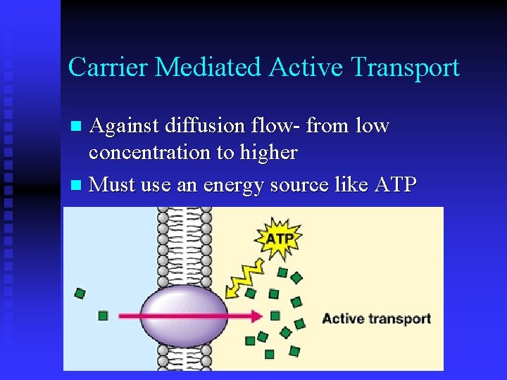 Carrier Mediated Active Transport Against diffusion flow- from low concentration to higher n Must