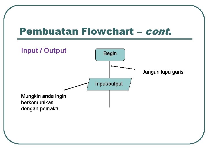 Pembuatan Flowchart – cont. Input / Output Begin Jangan lupa garis Input/output Mungkin anda