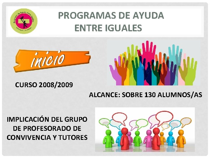 PROGRAMAS DE AYUDA ENTRE IGUALES CURSO 2008/2009 ALCANCE: SOBRE 130 ALUMNOS/AS IMPLICACIÓN DEL GRUPO