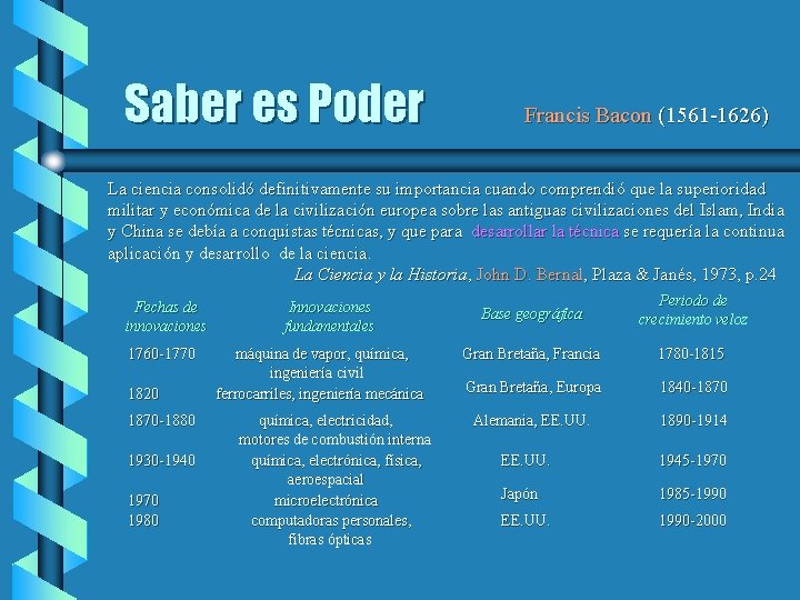 Saber es Poder Francis Bacon (1561 -1626) La ciencia consolidó definitivamente su importancia cuando