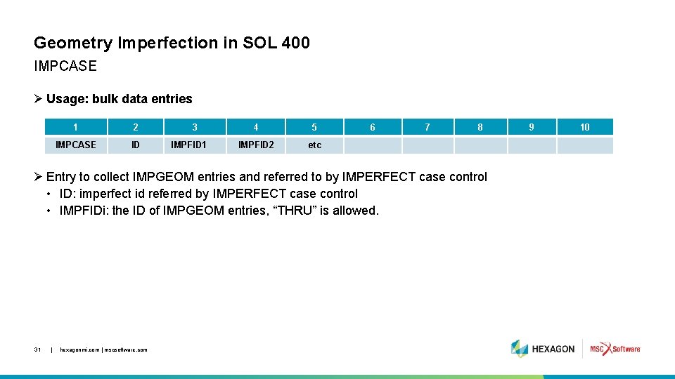 Geometry Imperfection in SOL 400 IMPCASE Ø Usage: bulk data entries 1 2 IMPCASE