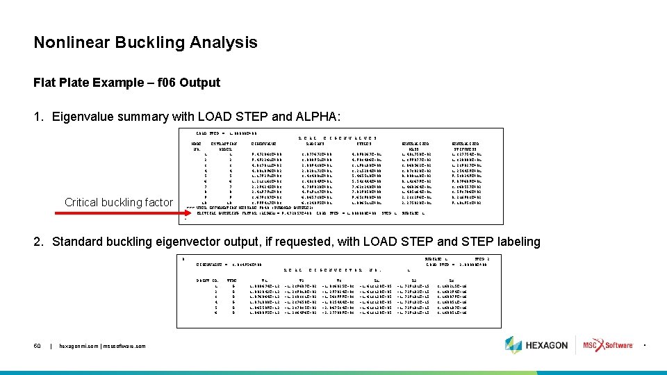 Nonlinear Buckling Analysis Flat Plate Example – f 06 Output 1. Eigenvalue summary with