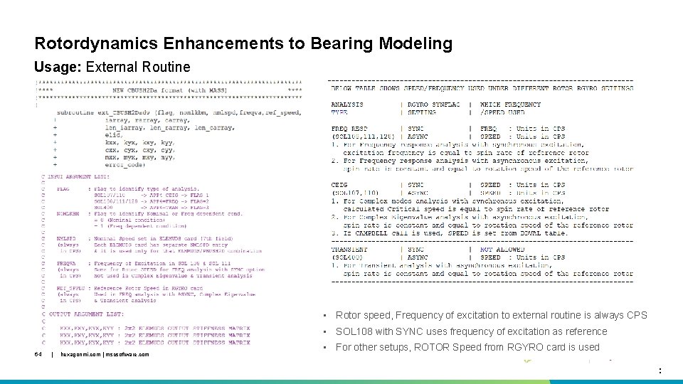 Rotordynamics Enhancements to Bearing Modeling Usage: External Routine • Rotor speed, Frequency of excitation