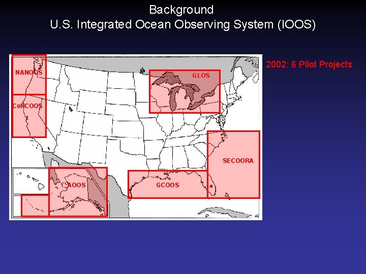 Background U. S. Integrated Ocean Observing System (IOOS) 2002: 6 Pilot Projects NANOOS GLOS