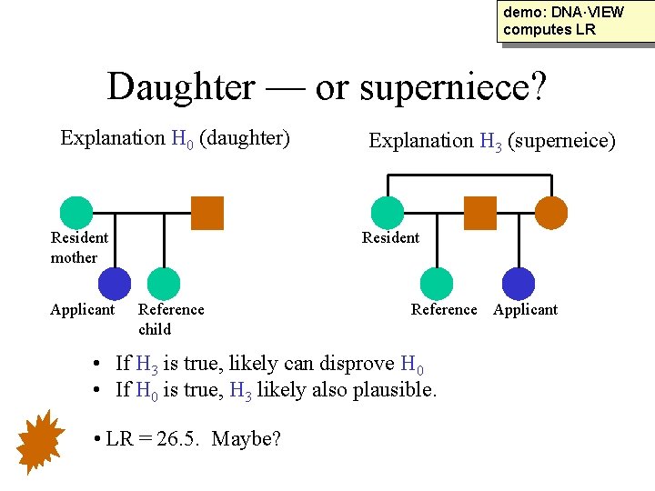 demo: DNA·VIEW computes LR Daughter — or superniece? Explanation H 0 (daughter) Resident mother
