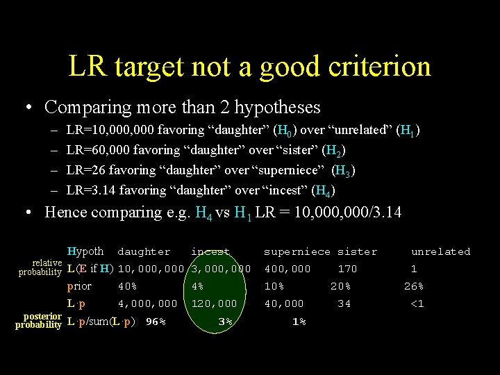 LR target not a good criterion • Comparing more than 2 hypotheses – –