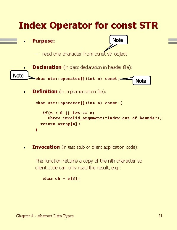 Index Operator for const STR · Purpose: Note – read one character from const