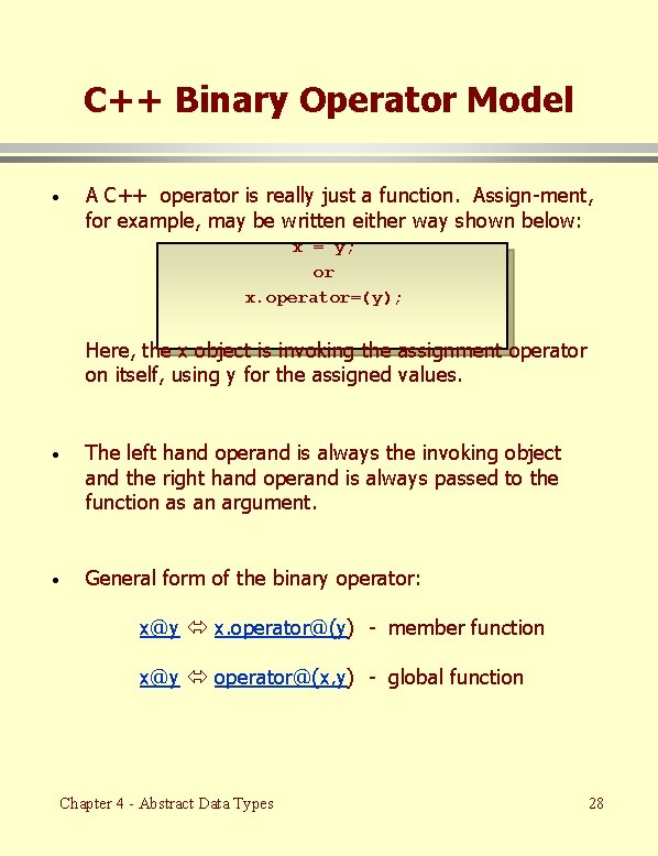 C++ Binary Operator Model · A C++ operator is really just a function. Assign-ment,