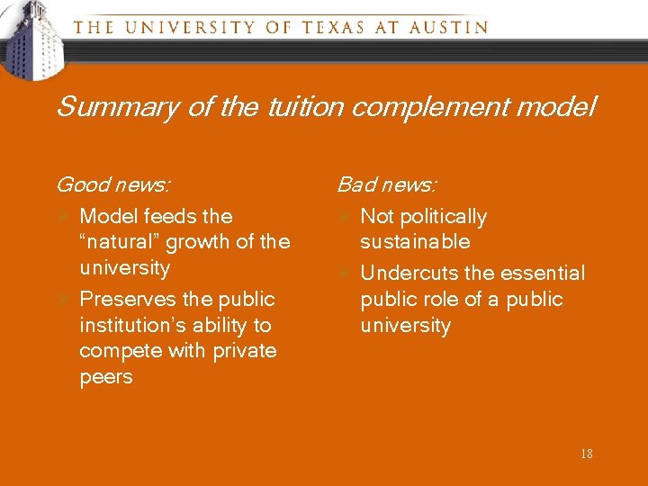 Summary of the tuition complement model Good news: Ø Model feeds the Bad news: