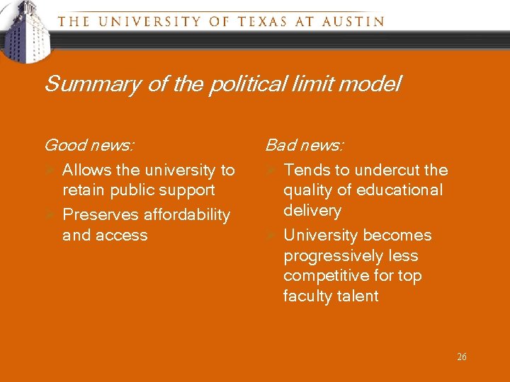Summary of the political limit model Good news: Ø Allows the university to Bad