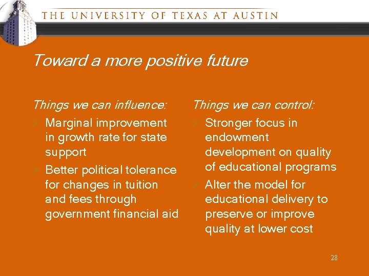 Toward a more positive future Things we can influence: Ø Marginal improvement Things we