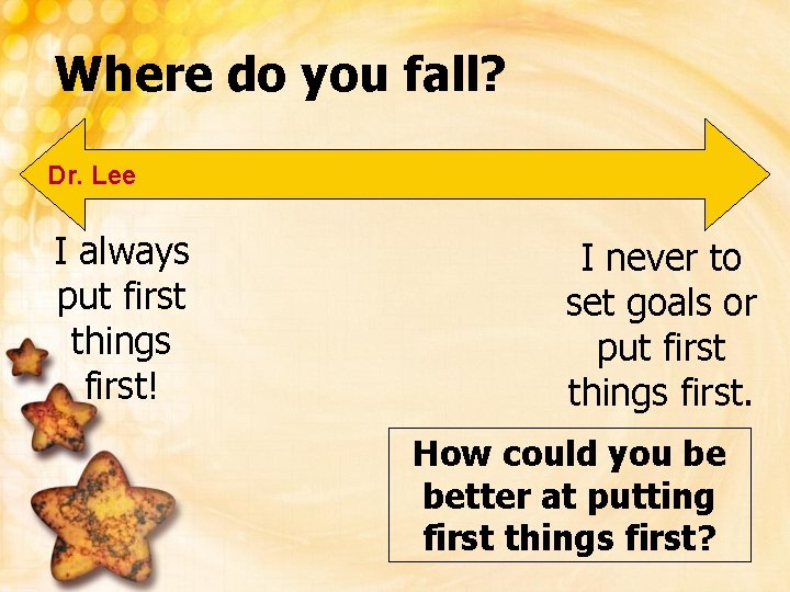 Where do you fall? Dr. Lee I always put first things first! I never