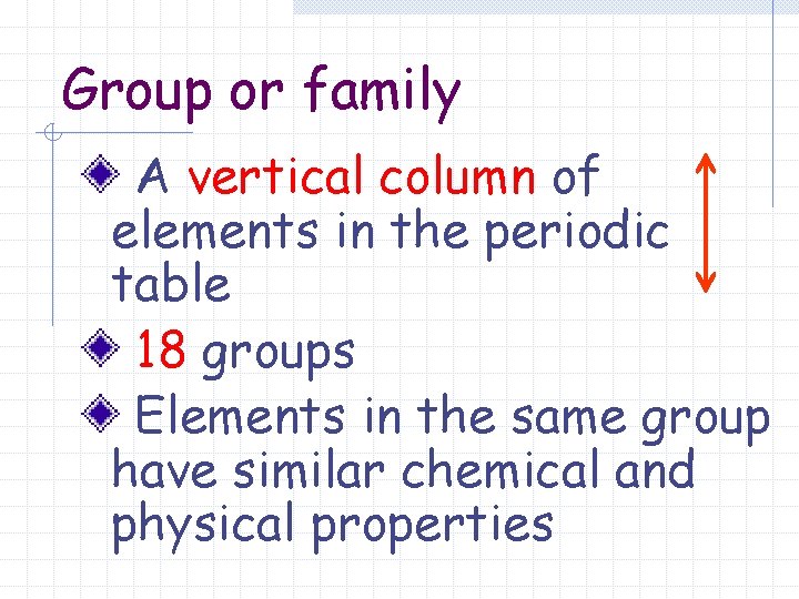 Group or family A vertical column of elements in the periodic table 18 groups