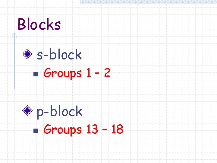 Blocks s-block n Groups 1 – 2 p-block n Groups 13 – 18 