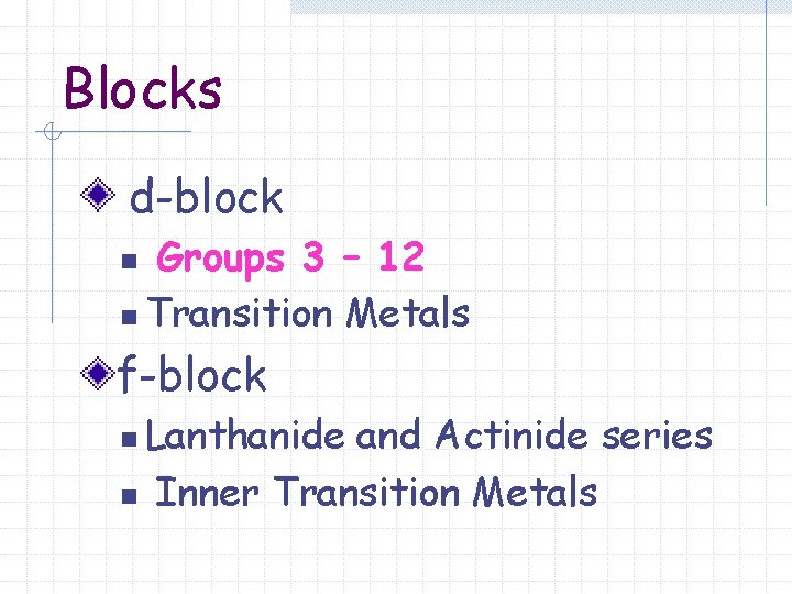 Blocks d-block Groups 3 – 12 n Transition Metals n f-block Lanthanide and Actinide