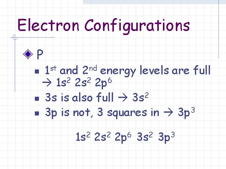 Electron Configurations P 1 st and 2 nd energy levels are full 1 s