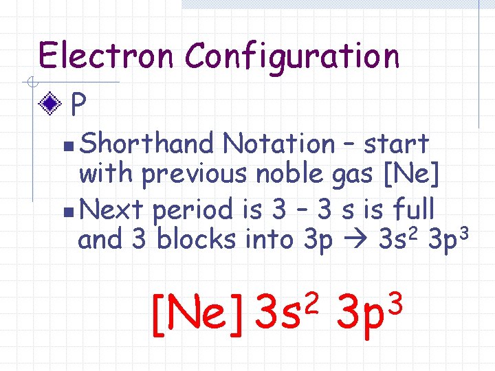 Electron Configuration P Shorthand Notation – start with previous noble gas [Ne] n Next