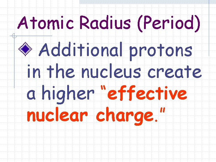 Atomic Radius (Period) Additional protons in the nucleus create a higher “effective nuclear charge.