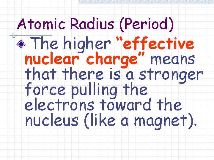 Atomic Radius (Period) The higher “effective nuclear charge” means that there is a stronger