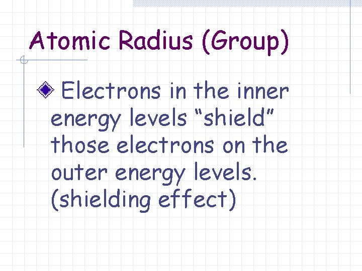 Atomic Radius (Group) Electrons in the inner energy levels “shield” those electrons on the