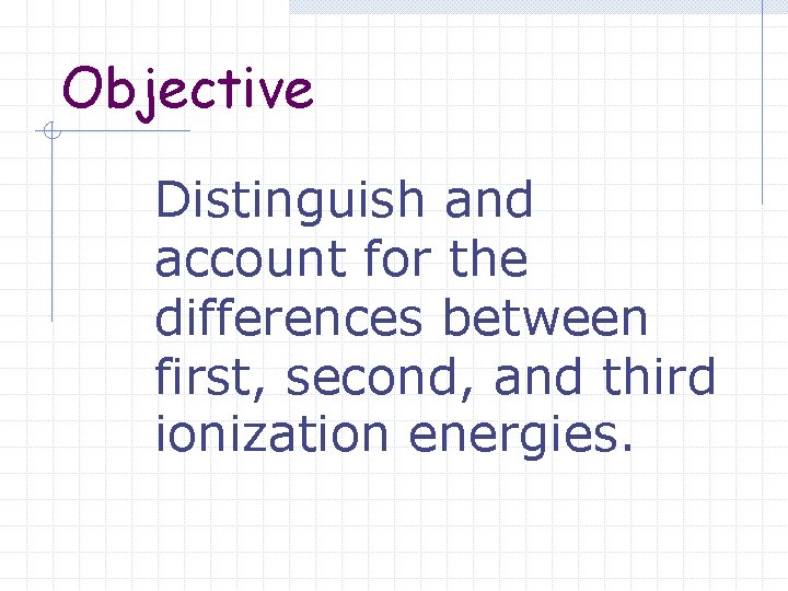 Objective Distinguish and account for the differences between first, second, and third ionization energies.