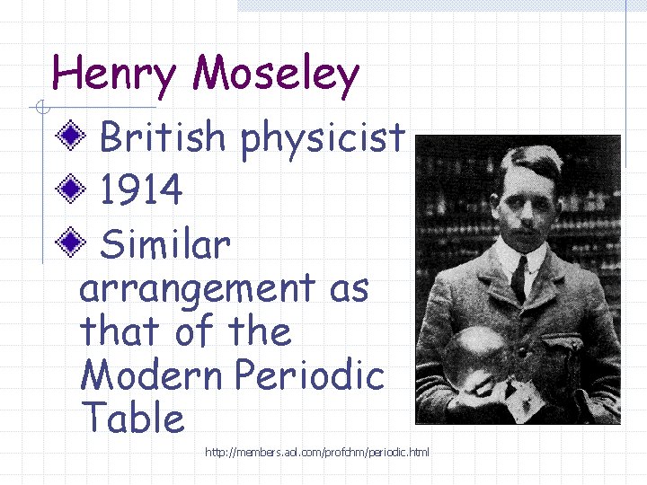 Henry Moseley British physicist 1914 Similar arrangement as that of the Modern Periodic Table