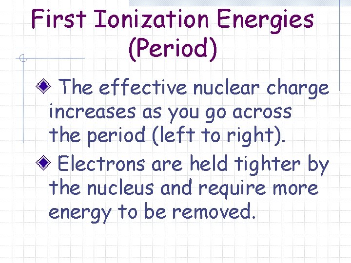 First Ionization Energies (Period) The effective nuclear charge increases as you go across the