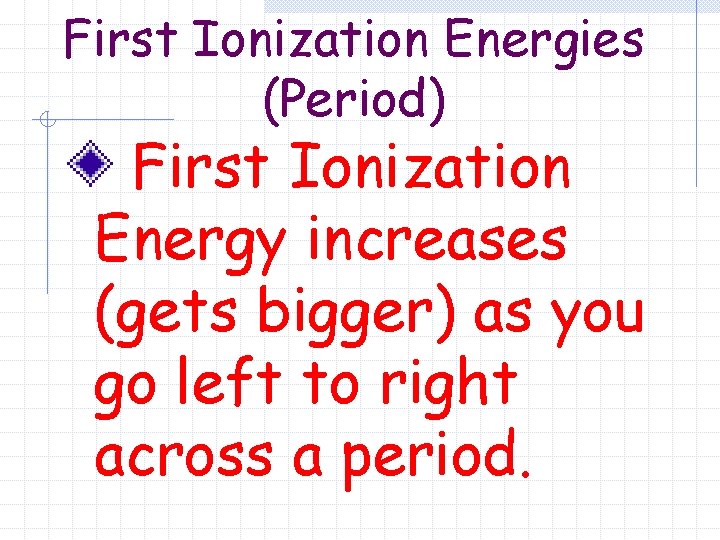First Ionization Energies (Period) First Ionization Energy increases (gets bigger) as you go left