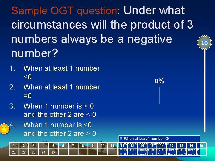 Sample OGT question: Under what circumstances will the product of 3 numbers always be