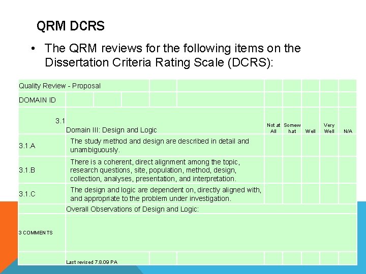 QRM DCRS • The QRM reviews for the following items on the Dissertation Criteria