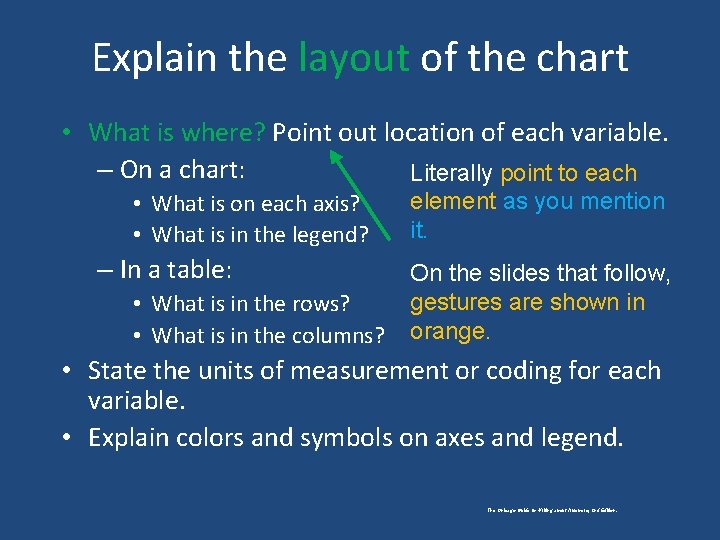 Explain the layout of the chart • What is where? Point out location of