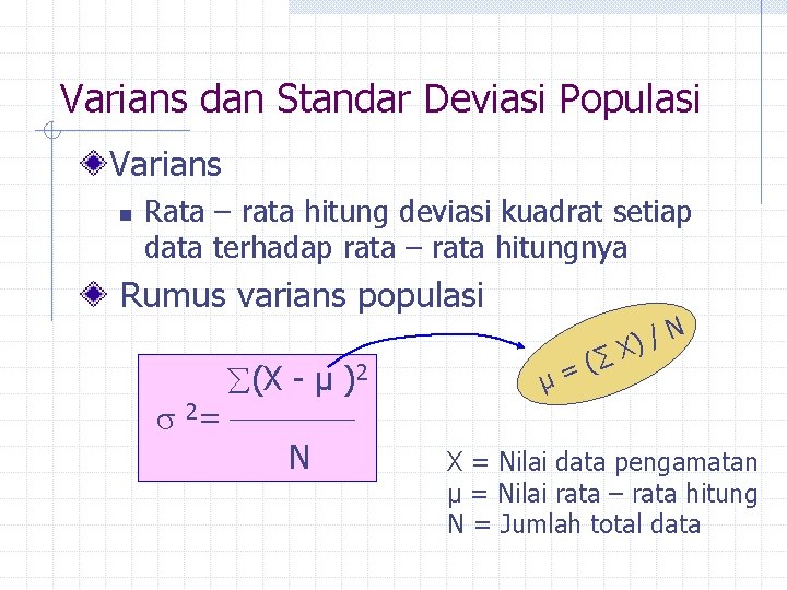 Varians dan Standar Deviasi Populasi Varians n Rata – rata hitung deviasi kuadrat setiap