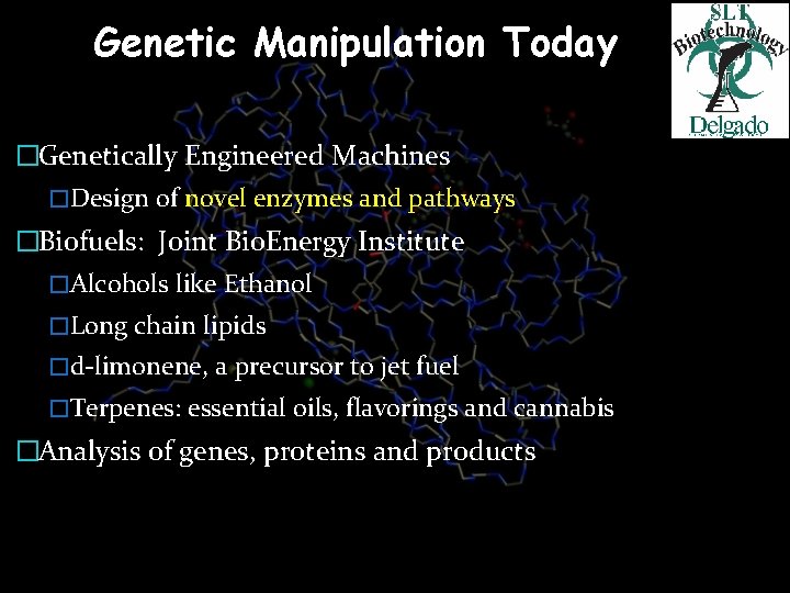Genetic Manipulation Today �Genetically Engineered Machines �Design of novel enzymes and pathways �Biofuels: Joint