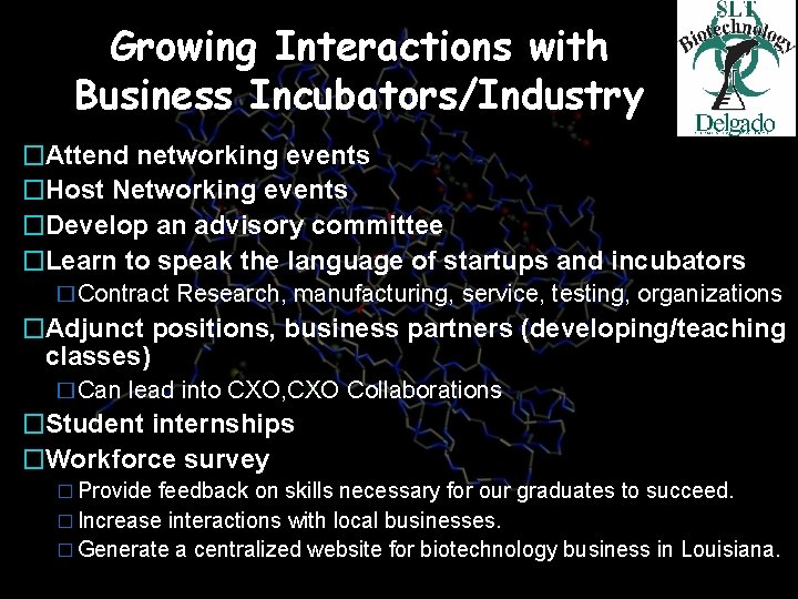 Growing Interactions with Business Incubators/Industry �Attend networking events �Host Networking events �Develop an advisory