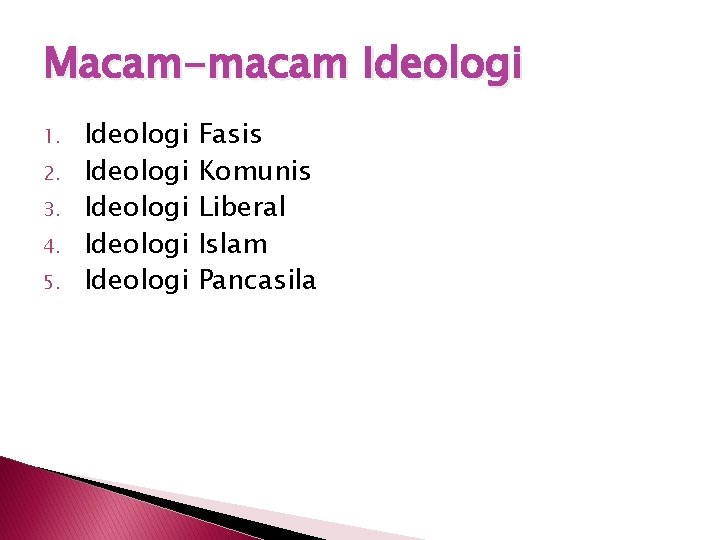 Macam-macam Ideologi 1. 2. 3. 4. 5. Ideologi Ideologi Fasis Komunis Liberal Islam Pancasila